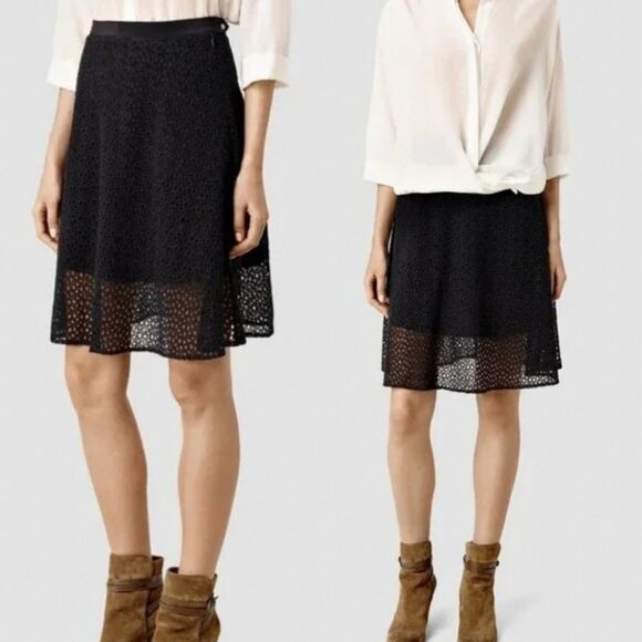 All Saints Black Lace A-Line Skirt Size 0 Broderie Anglaise Glesni Sanko Eyelet - Picture 1 of 7